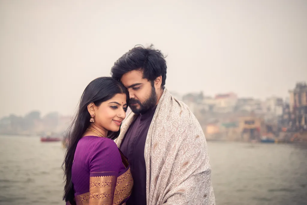 Pre-wedding couple portrait at Assi Ghat Varanasi by The WeddingShoot